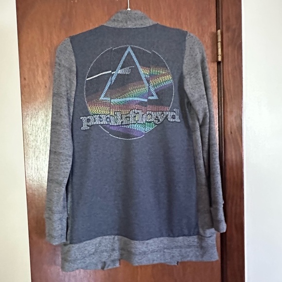 Pink Floyd up cycle cardigan fuzzy grey stripe handmade prisms rainbow - Picture 2 of 4